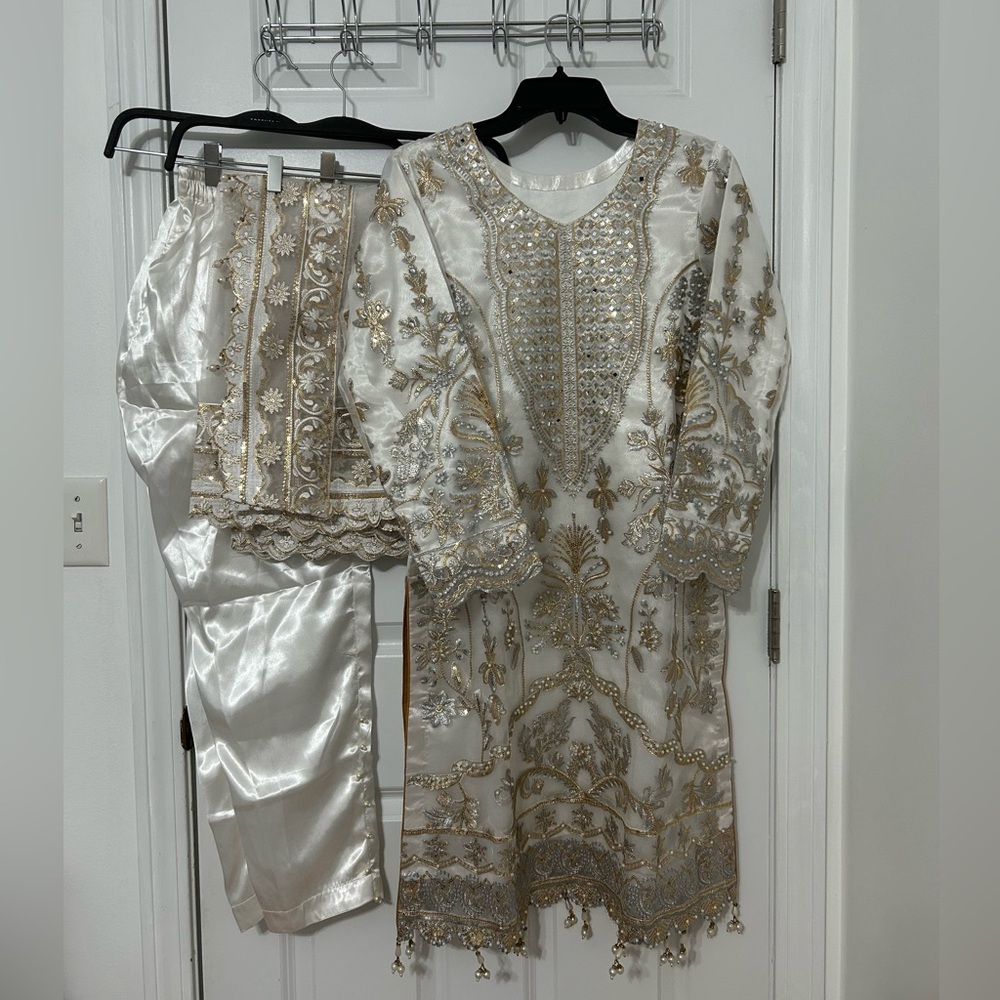 Gracia Collection Pakistani formal 3 piece stitched dress with mirror bead work